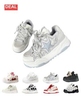 Chunky Platform Sneakers Star Decor Lace-Up Mesh Casual Dad Shoes